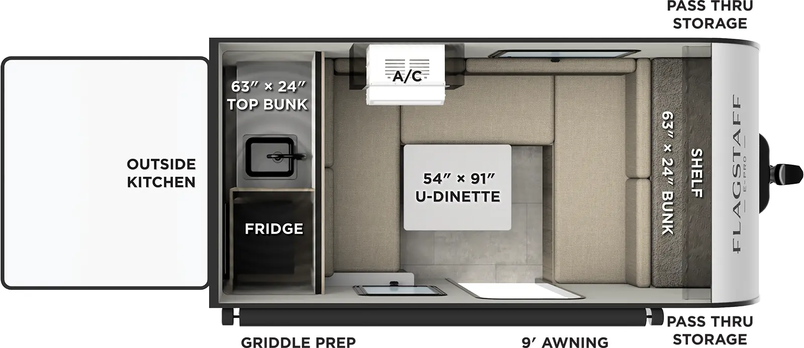 The Flagstaff E-Pro E11LE floorplan has one entry and zero slide outs. Exterior features include: fiberglass exterior, 9' awning and outside kitchen. Interiors features include: u-dinette.